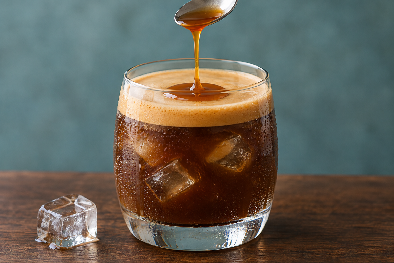 Pouring salted caramel espresso martini from shaker into coupe glass with caramel-lined rim