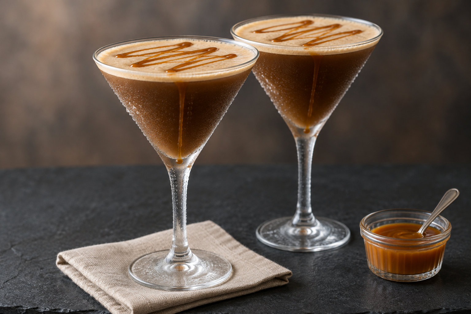 Two salted caramel espresso martinis in coupe glasses with foam tops and caramel drizzle