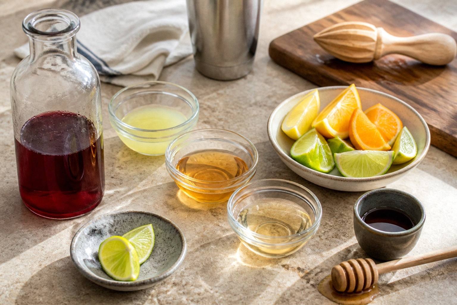Measured ingredients for salted honey hibiscus margarita including citrus wedges, honey syrup, and hibiscus tea