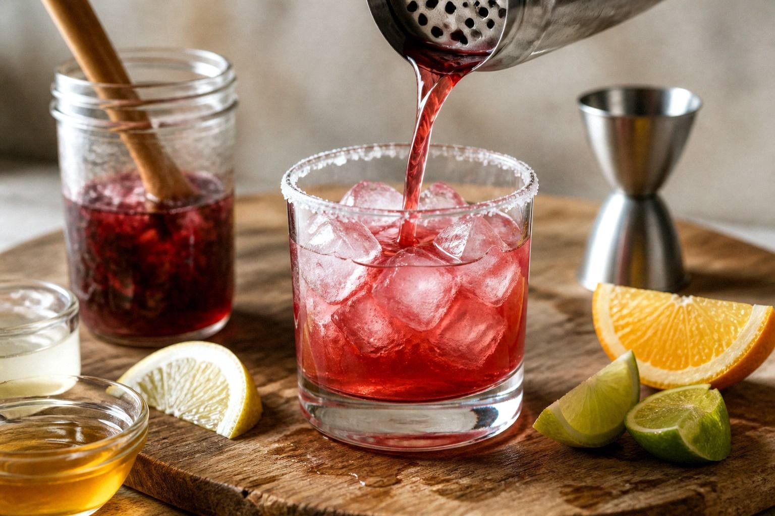 Straining salted honey hibiscus margarita from shaker into salt-rimmed glass over fresh ice
