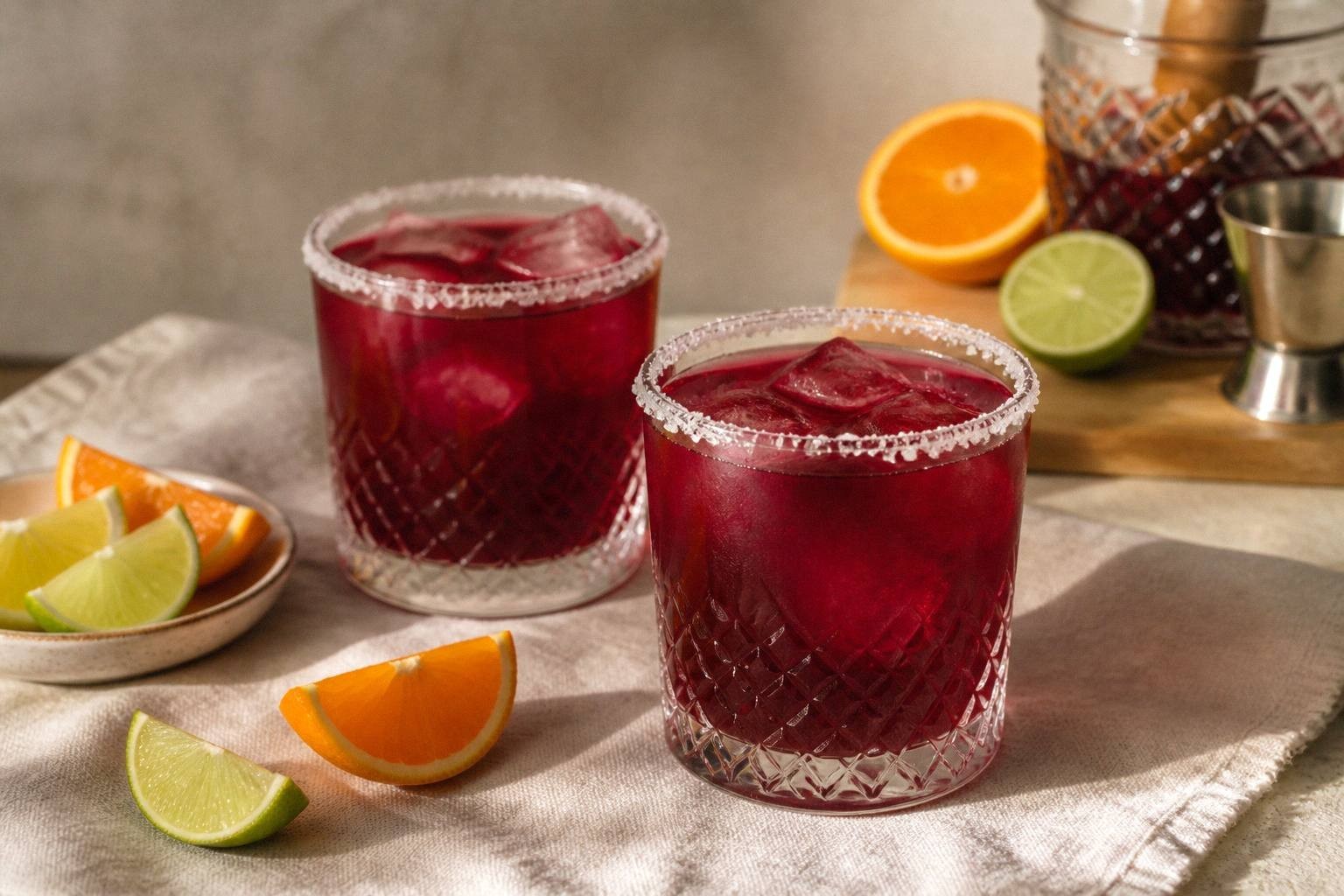 Two salted honey hibiscus margaritas in rocks glasses with salt rims and citrus garnishes