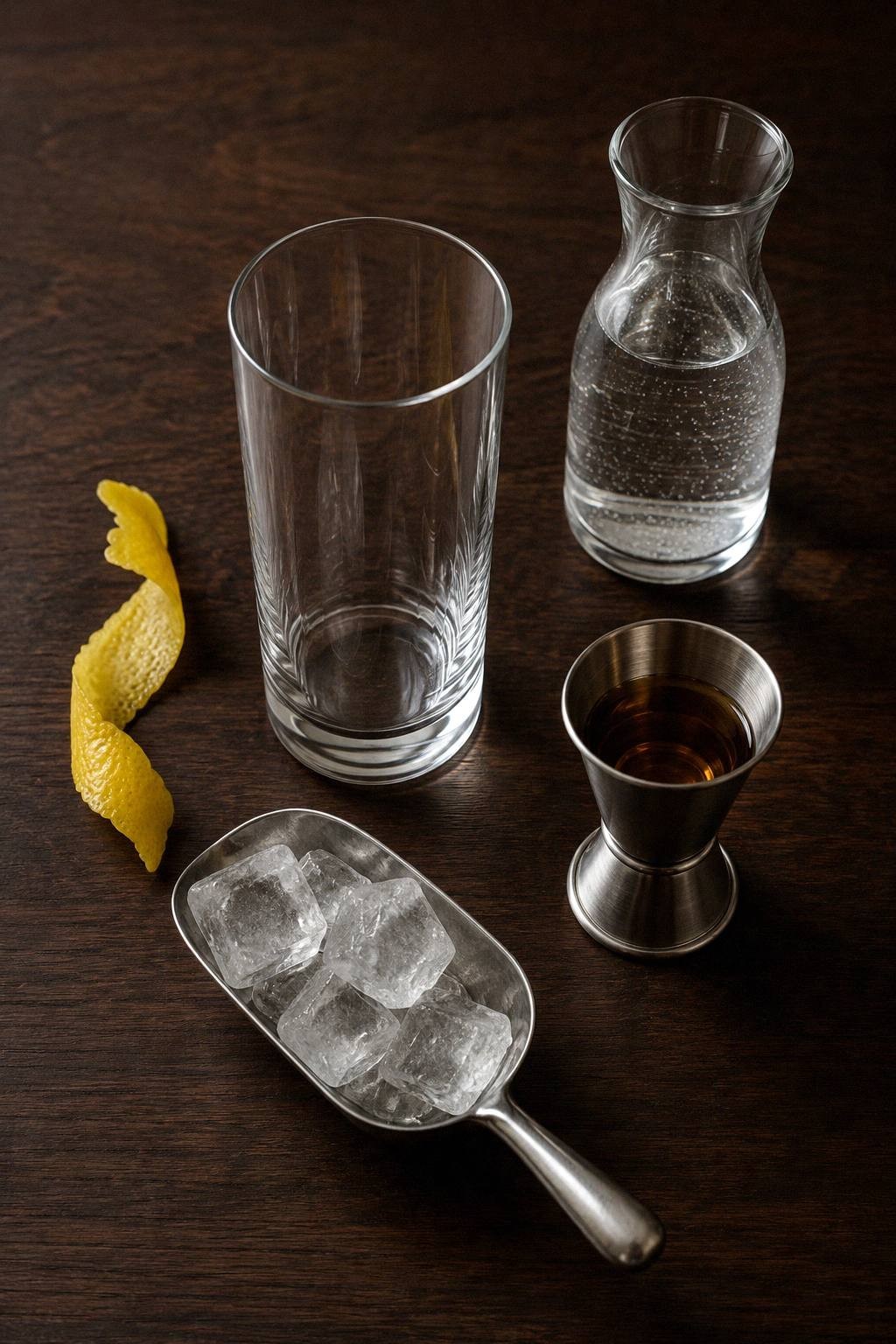 Blended Scotch, chilled club soda, lemon peel, clear ice, and a tall highball glass arranged on a dark walnut bar