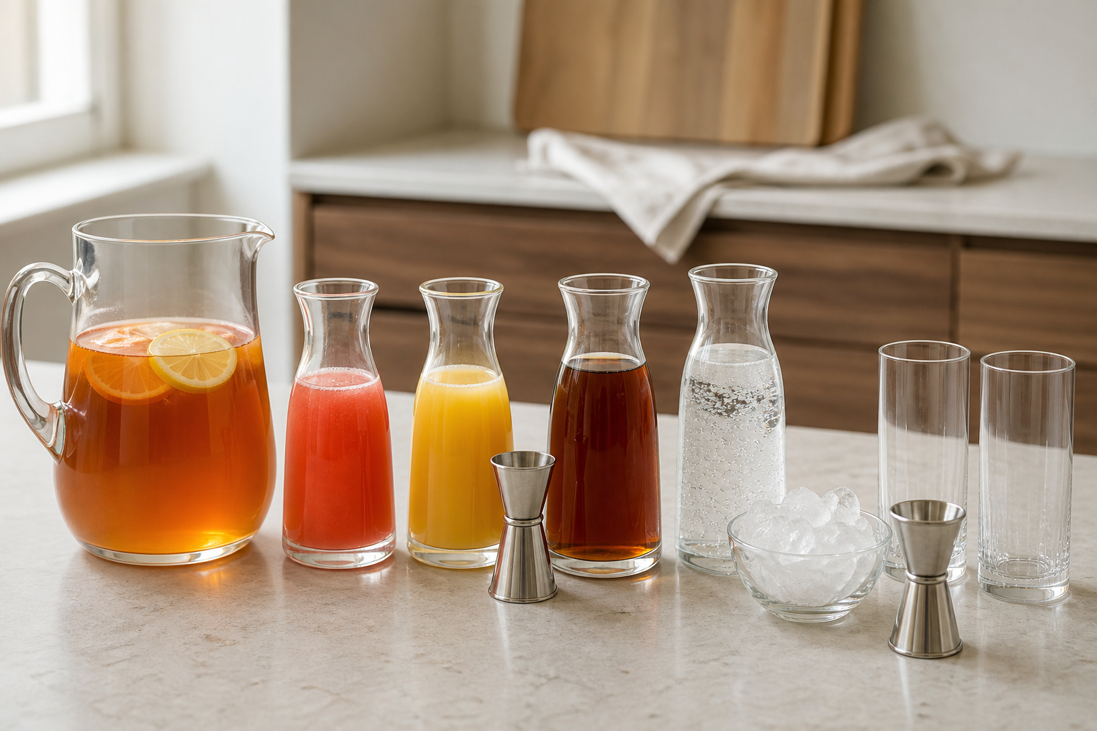 Measured tea-citrus base beside two labeled juice modifiers, gin, chilled black tea, club soda, and two metal jiggers