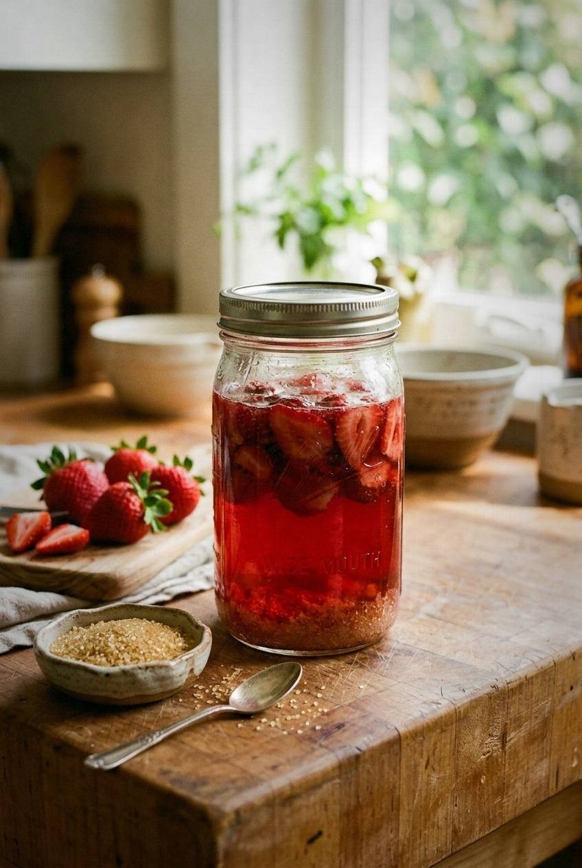 Mason jar filled with strawberry shrub concentrate showing ruby red liquid and macerated strawberries