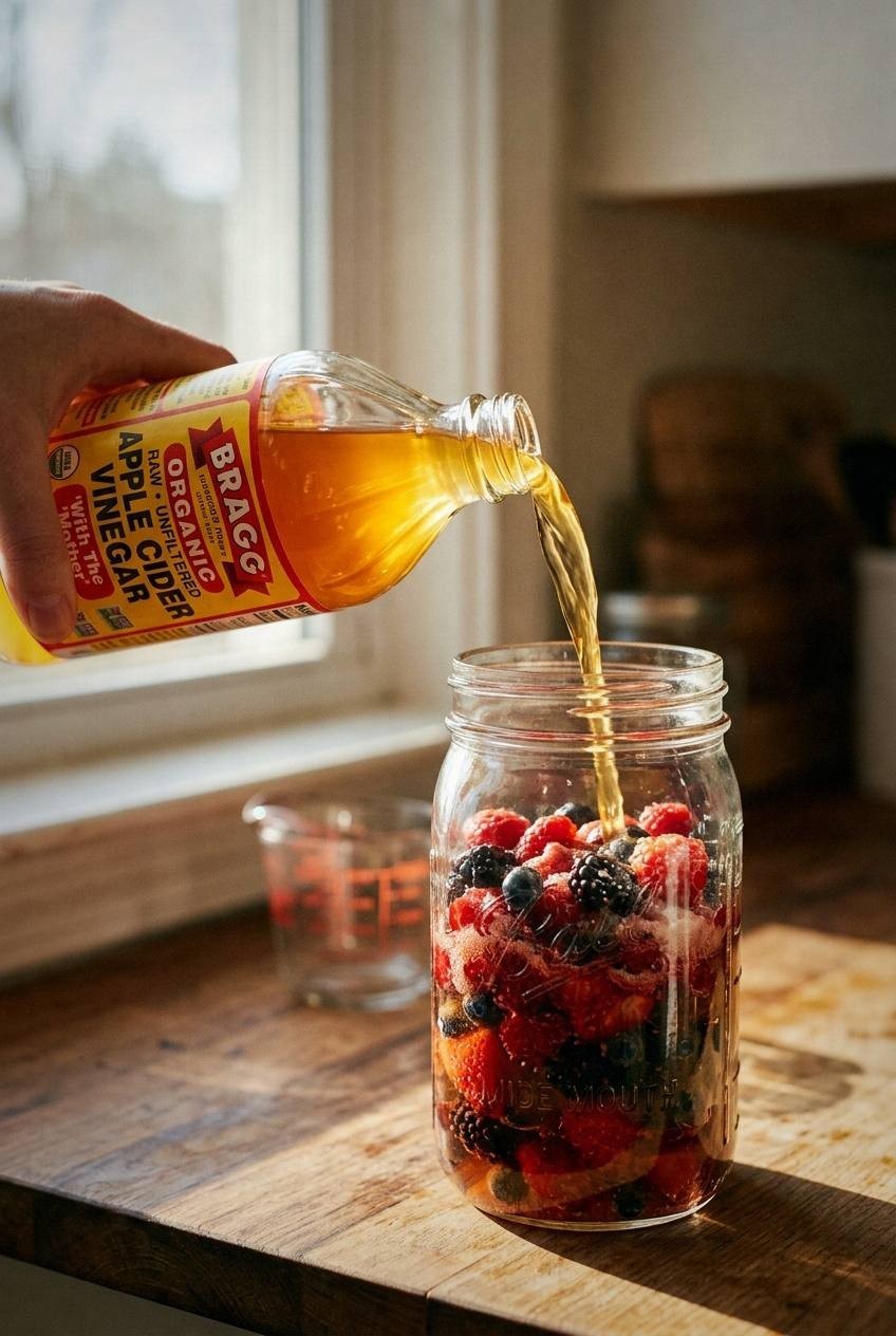 Apple cider vinegar being poured into a jar of macerated fruit for a shrub, golden vinegar stream catching the light