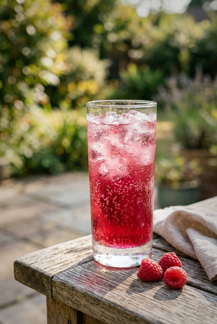 Tall glass of raspberry shrub spritzer with deep pink liquid and sparkling bubbles and ice on a sunny outdoor table