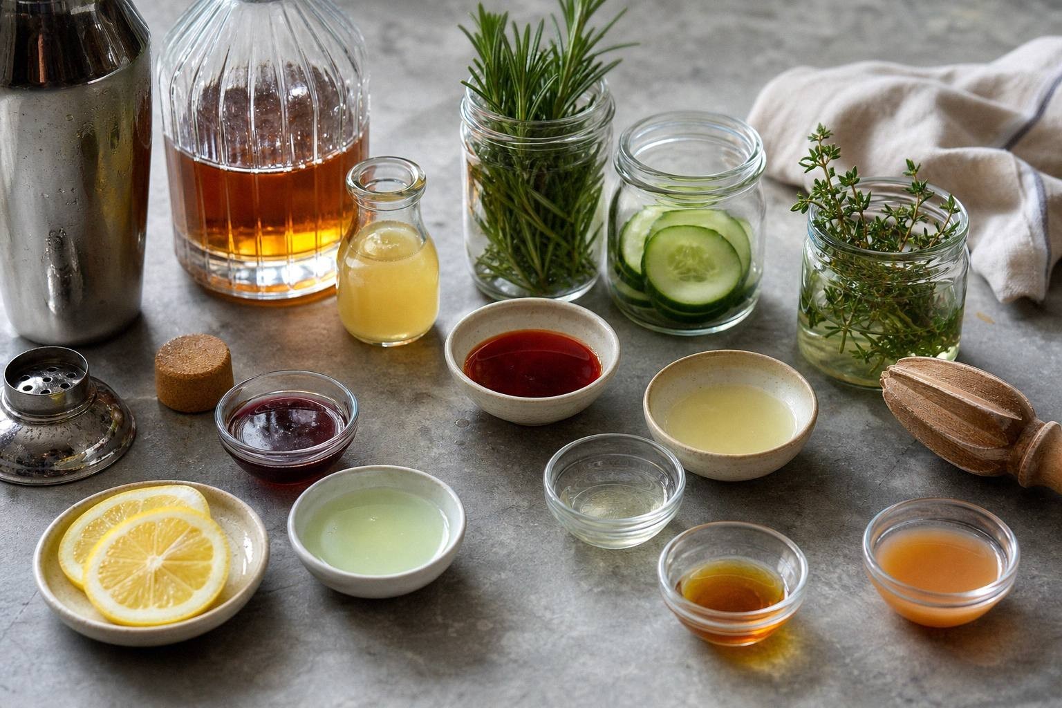 measured ingredients for signature cocktails arranged on counter with garnishes
