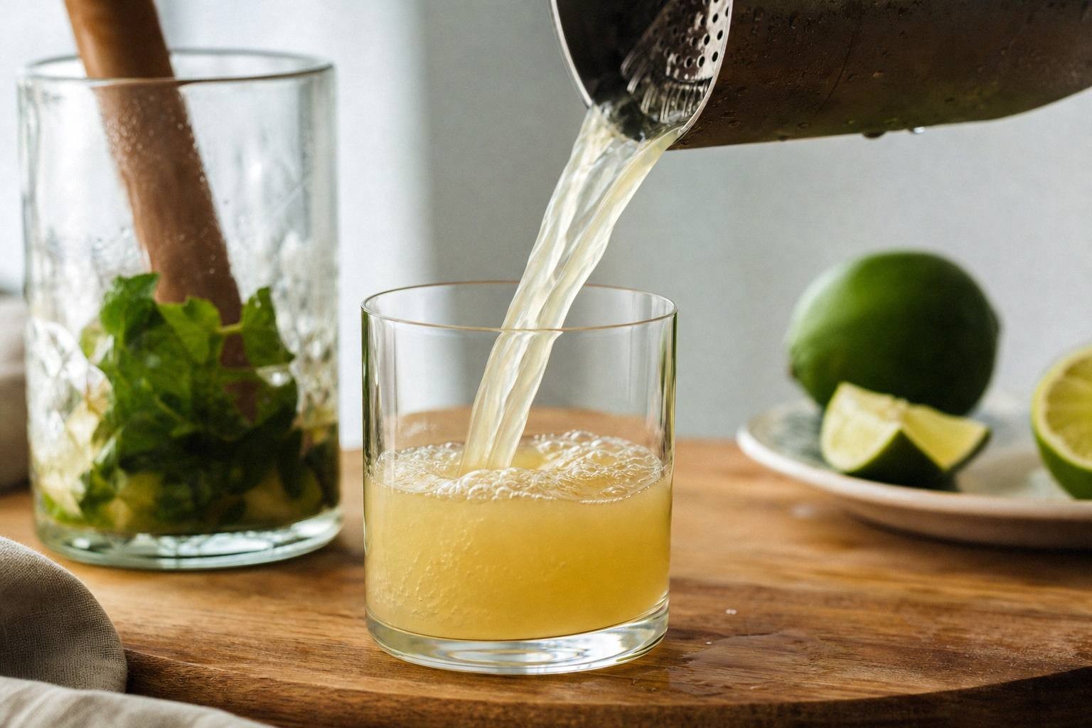 liquid being poured into glass for signature cocktail mid-preparation