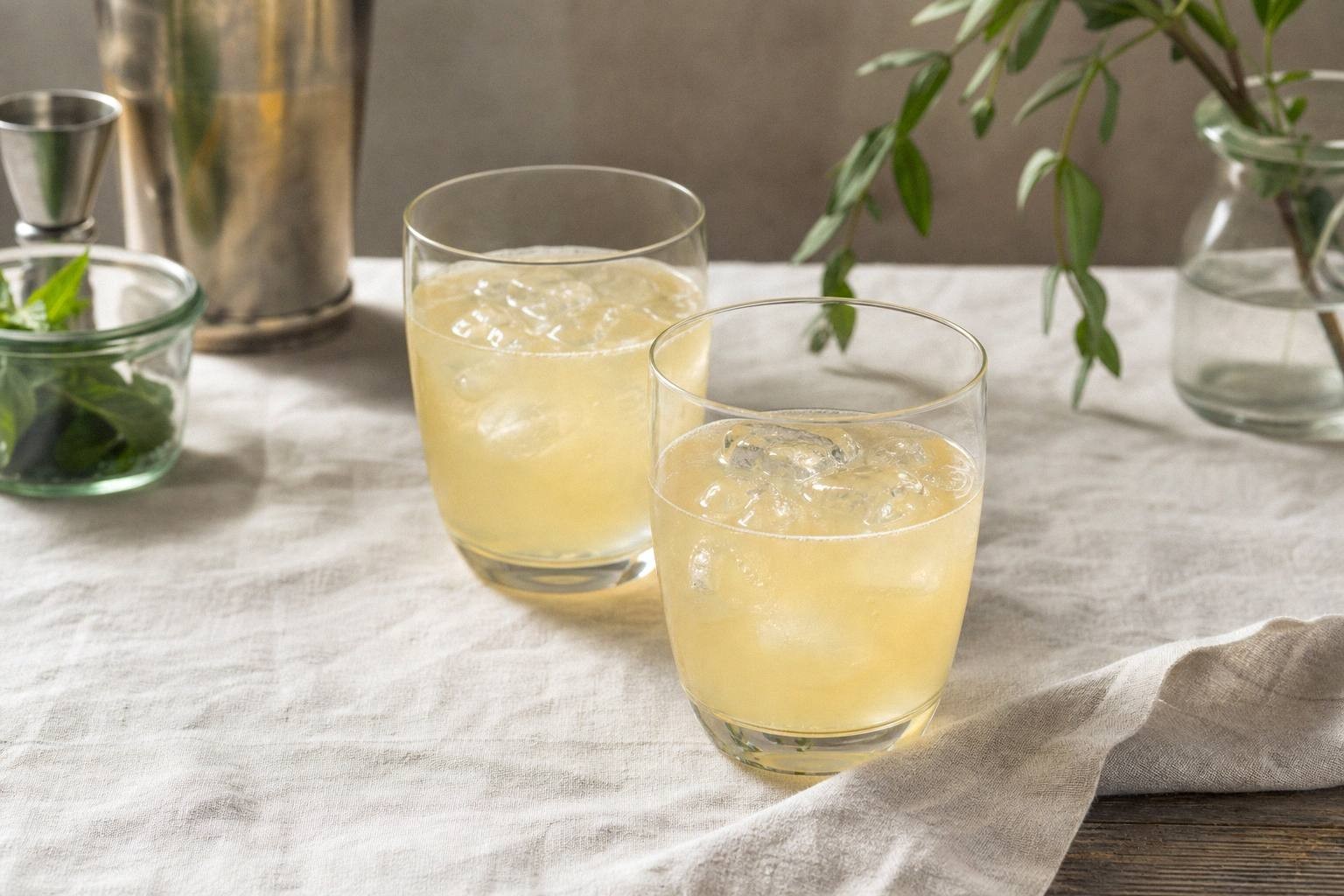 two finished signature cocktails styled on table ready to serve
