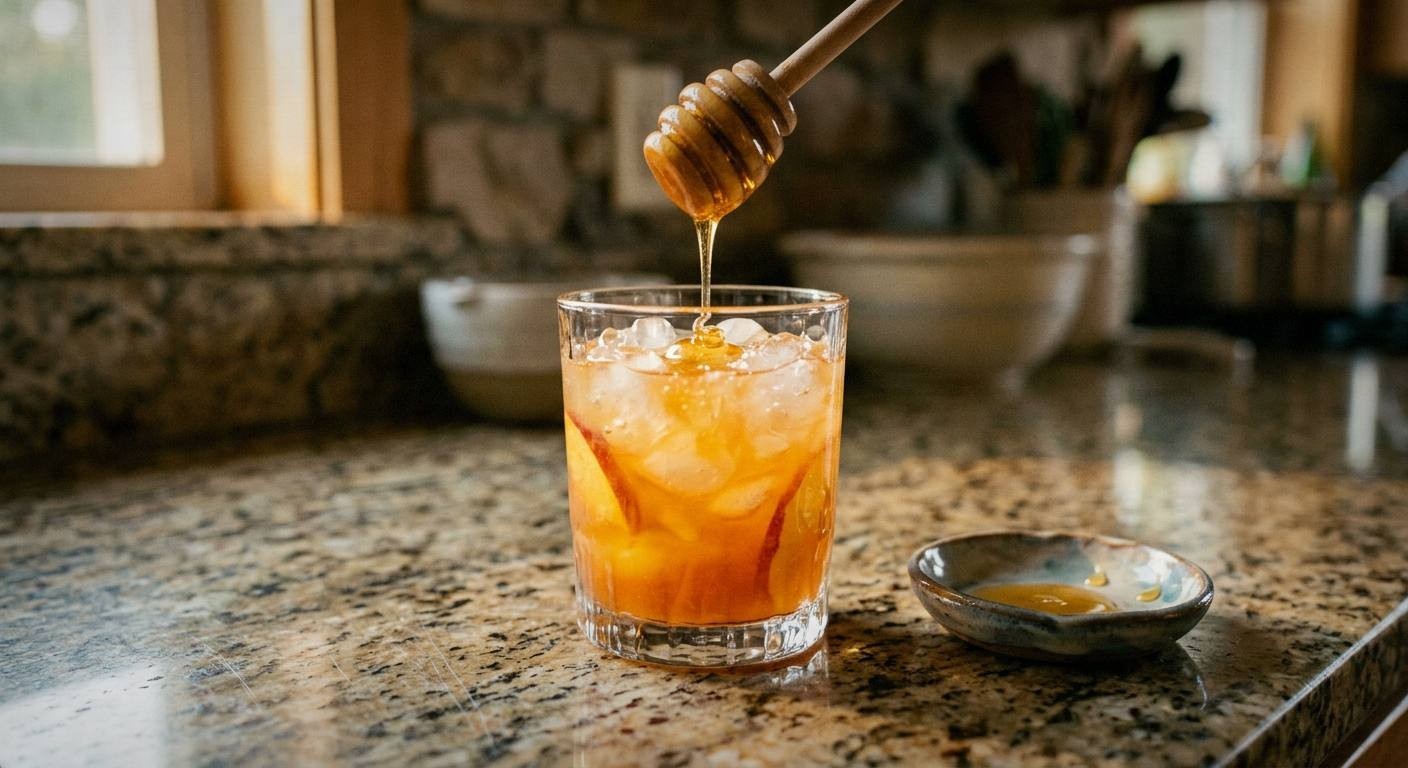 Sleepy time mocktail in a tall clear glass with deep ruby red cherry juice and sparkling bubbles, ice cubes, on a calm bedside table with soft warm lighting