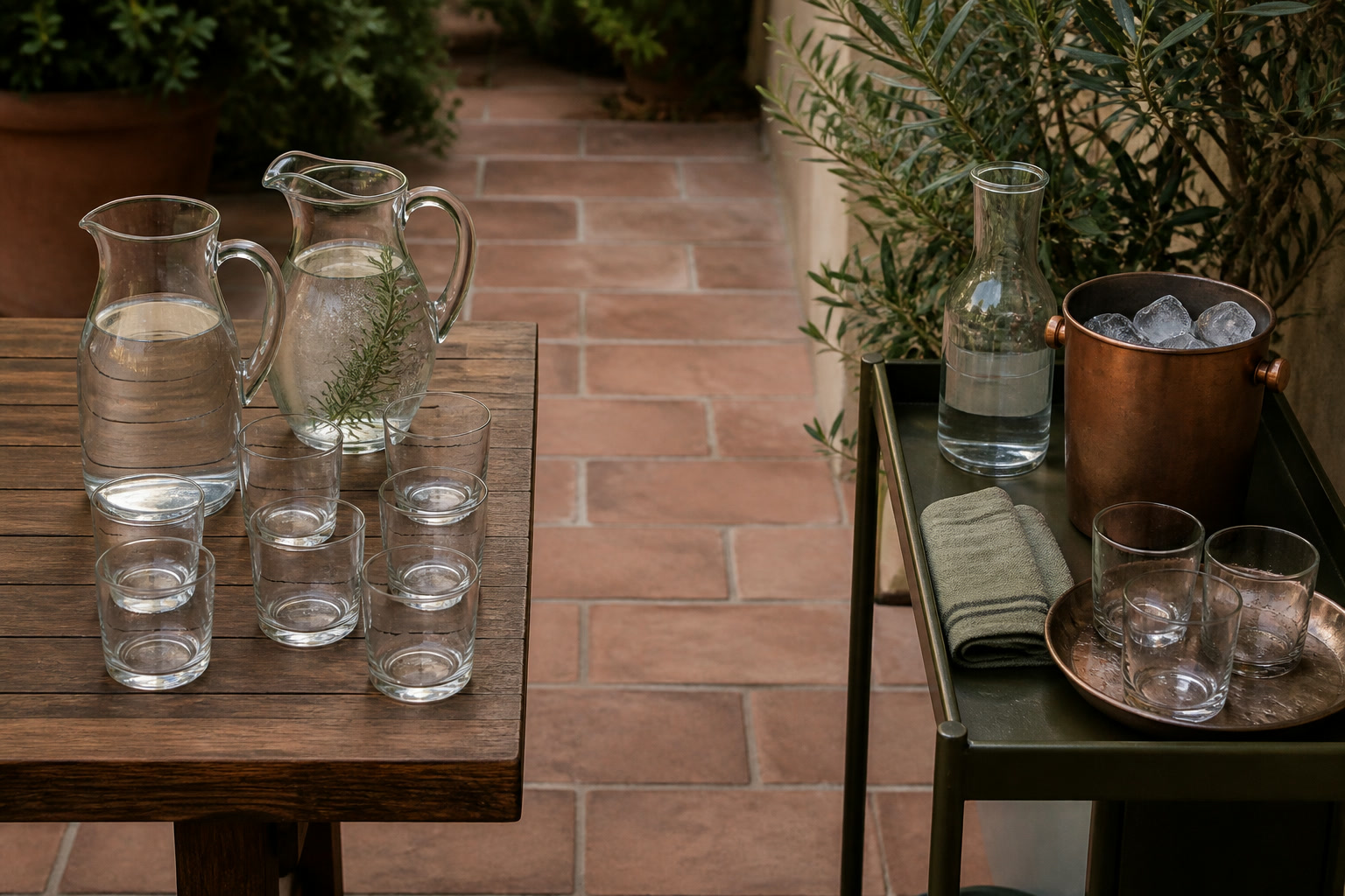 Overhead diagram of a narrow patio with four perimeter chairs, a bench, a cocktail table against one rail, water near the seating, and an open center path from the door