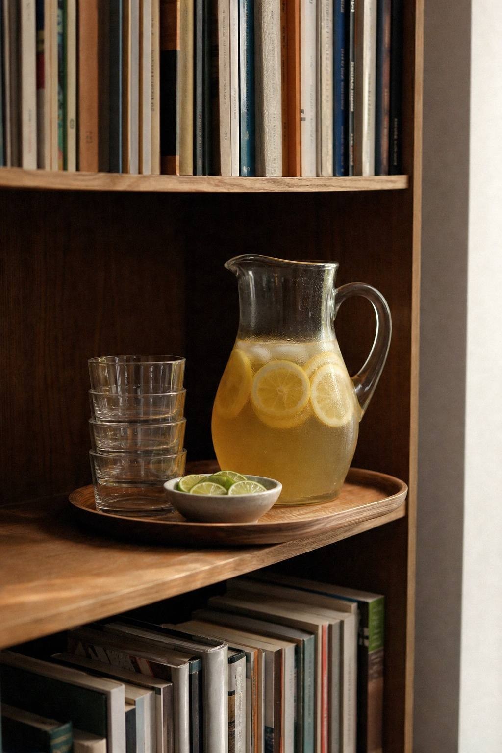 A drink station on one shelf of a bookshelf in an apartment, holding a pitcher of pale mocktail, stacked short glasses, and a small bowl of lime wheels, with books on the shelves above and below