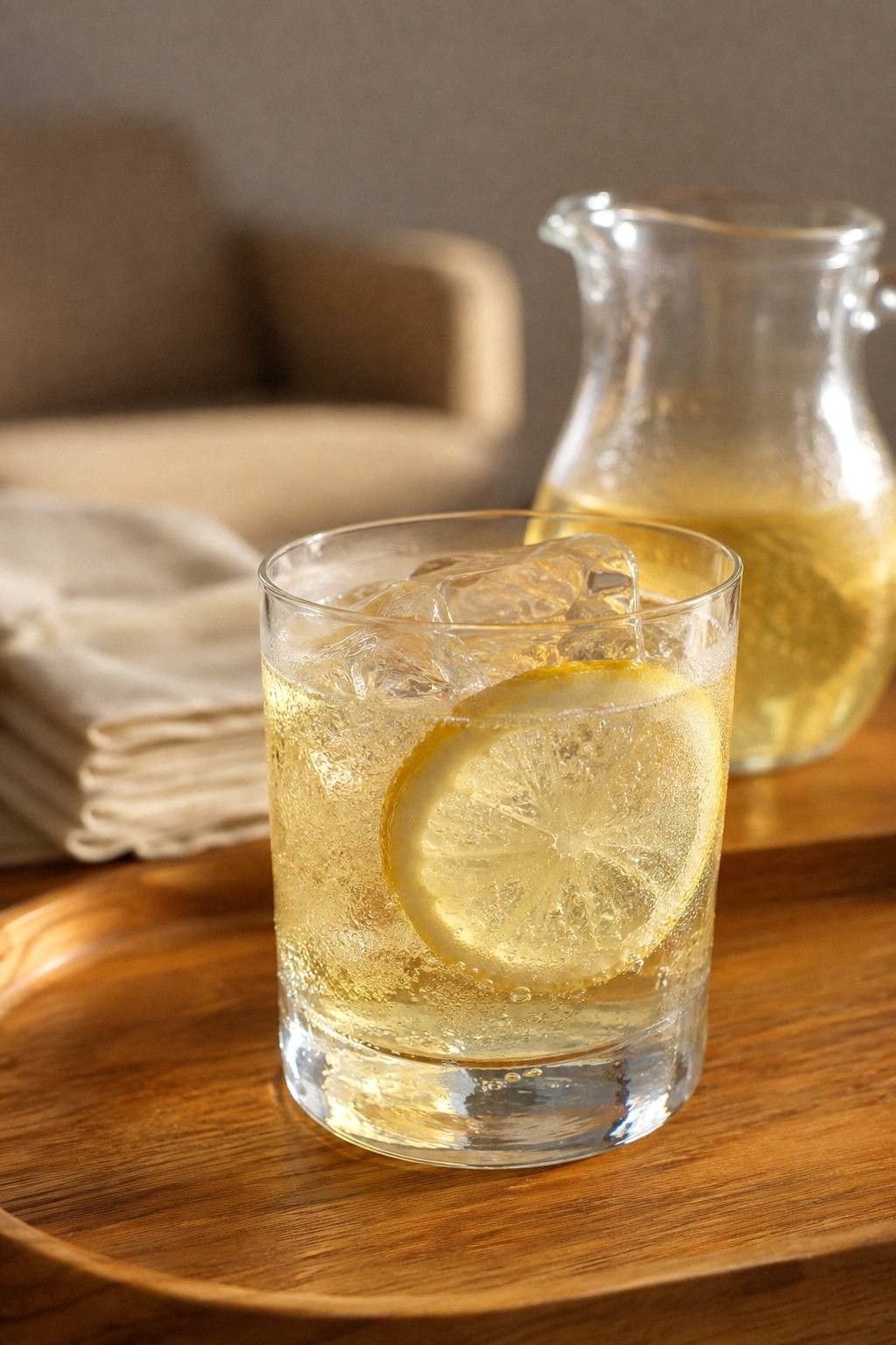 A pale golden mocktail poured into a short glass over ice on a small tray, with a pitcher and folded napkins beside it on a side table in an apartment living room