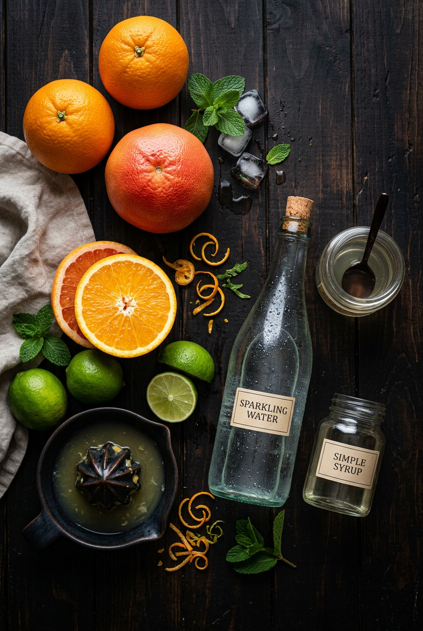 Fresh oranges, grapefruit, limes, and sparkling water ingredients for a citrus sunrise mocktail flatlay