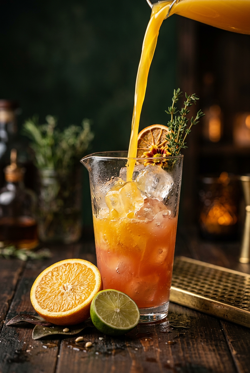 Fresh orange juice being poured into shaker with grapefruit juice and ice for sparkling citrus mocktail