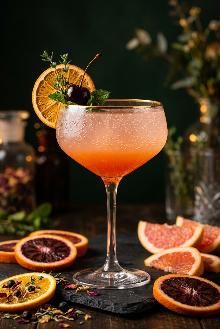 Finished sparkling citrus sunrise mocktail with orange-to-pink gradient, orange slice garnish, dark moody background