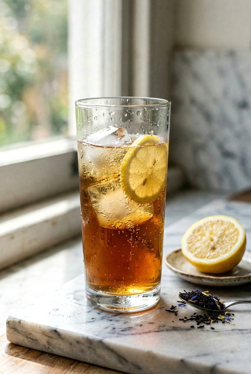 A tall highball glass of Earl Grey lemon fizz over large clear ice cubes with a lemon wheel sliding down the inside of the glass, condensation beading on the outside, set on a marble countertop in soft window light