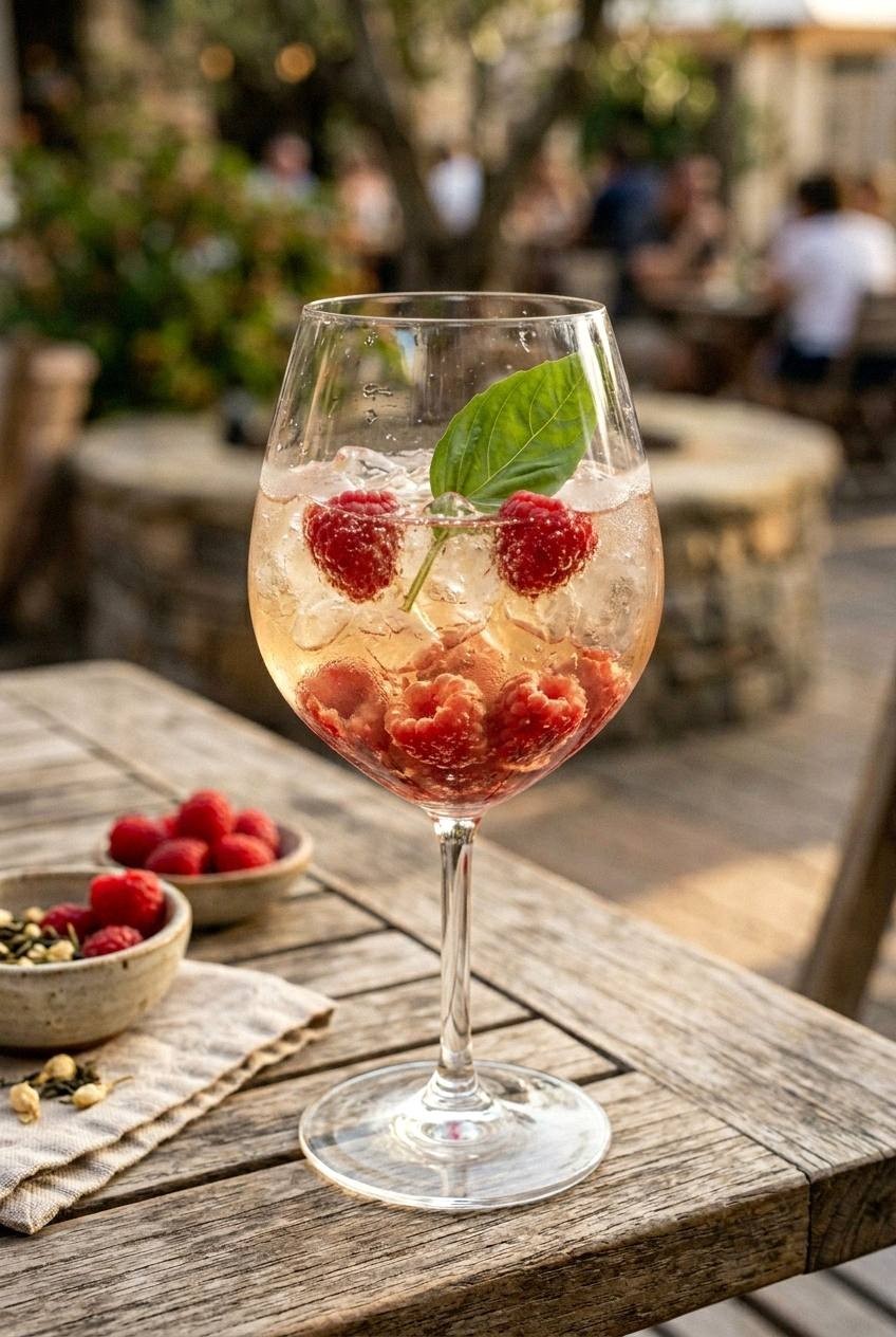 A wine glass of pale gold jasmine raspberry spritzer over crushed ice, six fresh raspberries muddled at the bottom, a single basil leaf perched on the rim, set on a sunny outdoor table