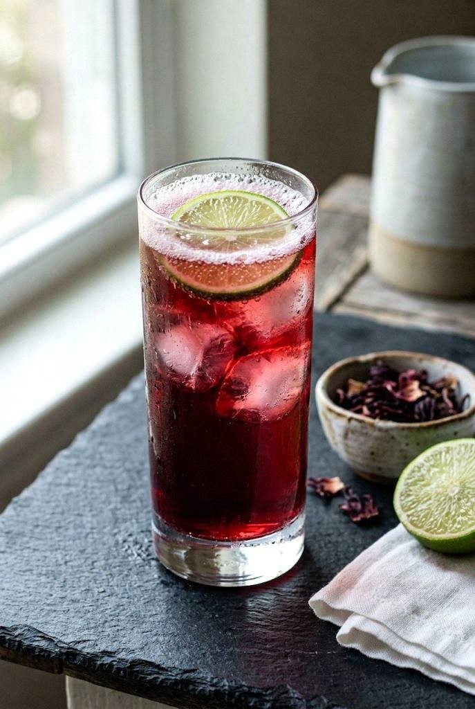 A tall highball glass of deep ruby hibiscus lime cooler over large ice cubes with a lime wheel floating on top and a small bowl of dried hibiscus petals beside the glass on a linen napkin