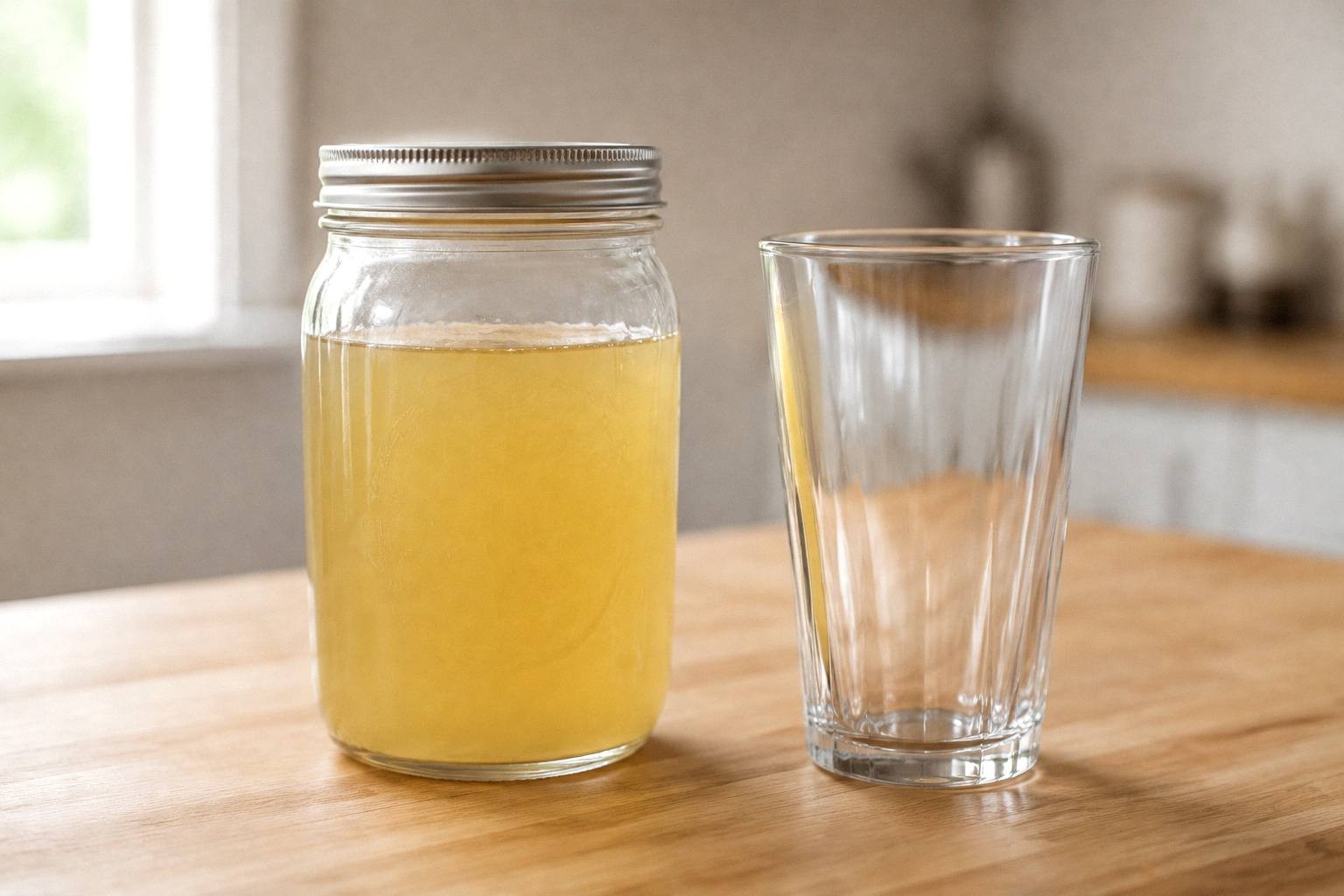 Pear, vanilla, honey, and lemon mocktail base sealed in a glass jar beside an empty serving glass.