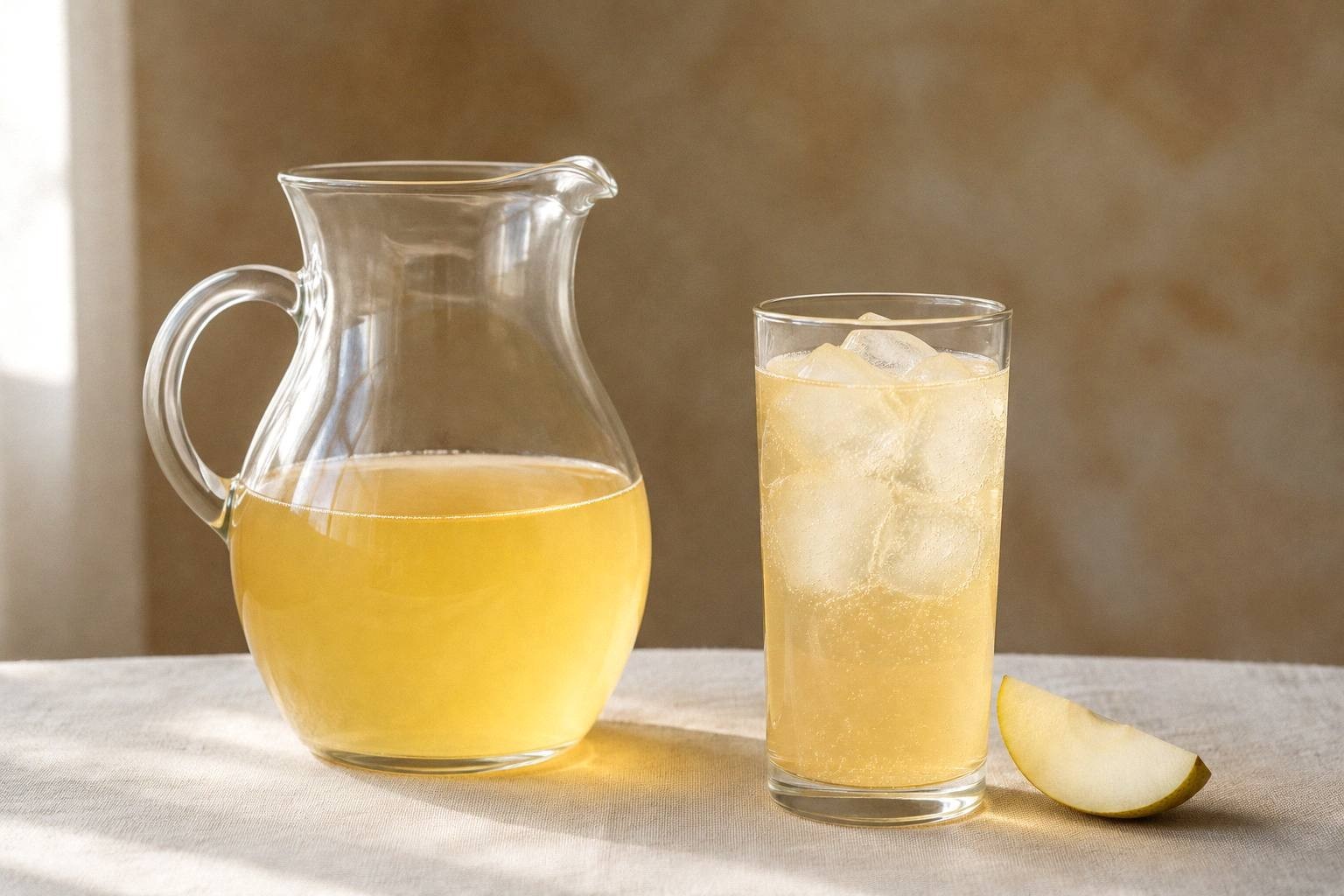 Glass pitcher of pale golden pear mocktail base beside one finished sparkling drink.