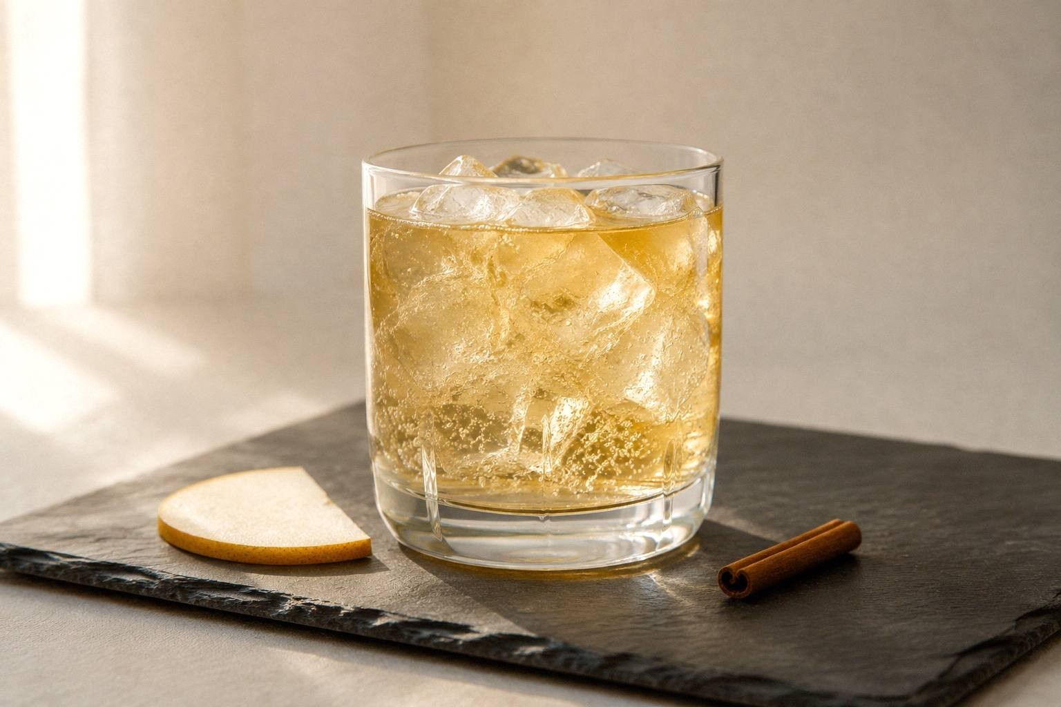 Cinnamon pear mocktail over clear ice with a pear slice and cinnamon sticks.