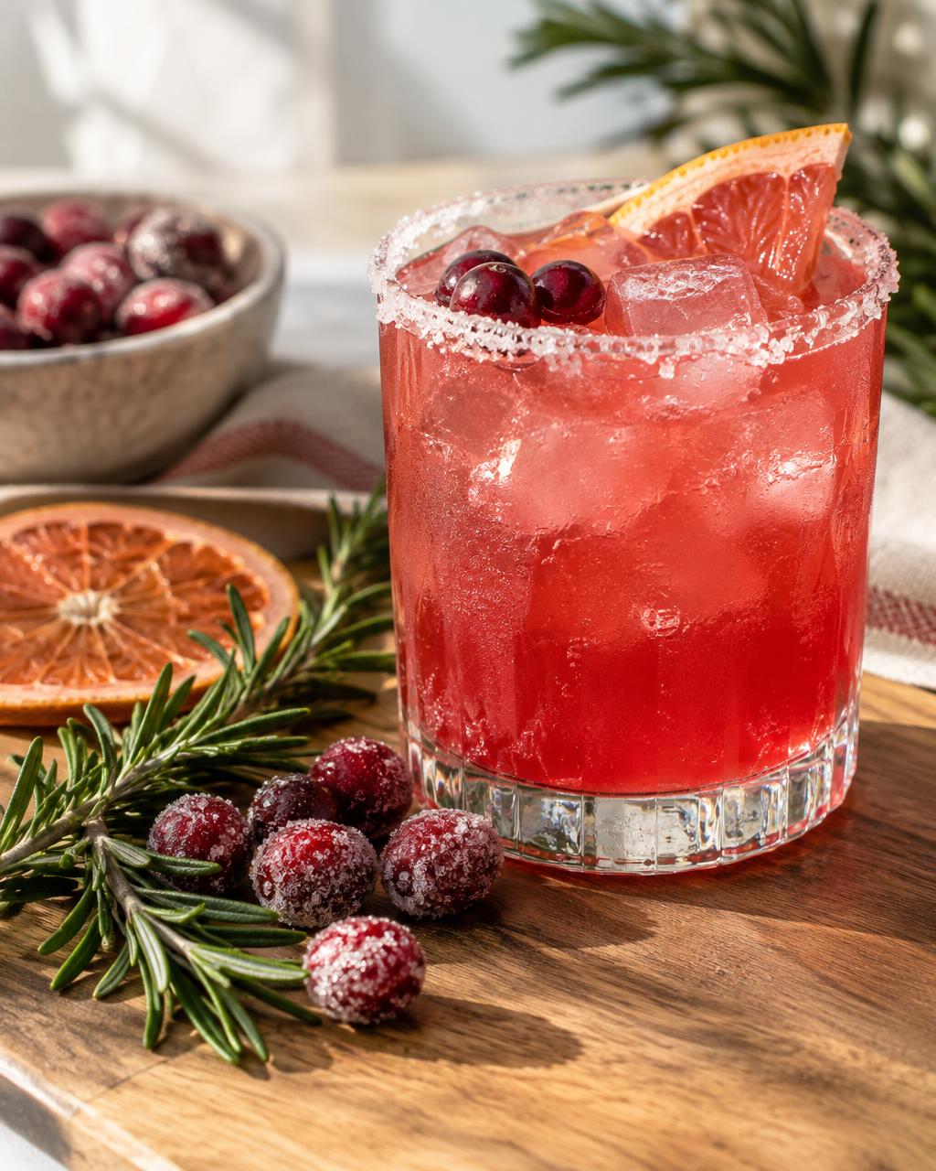 Rosemary sprig and sugared cranberries beside a cranberry Paloma