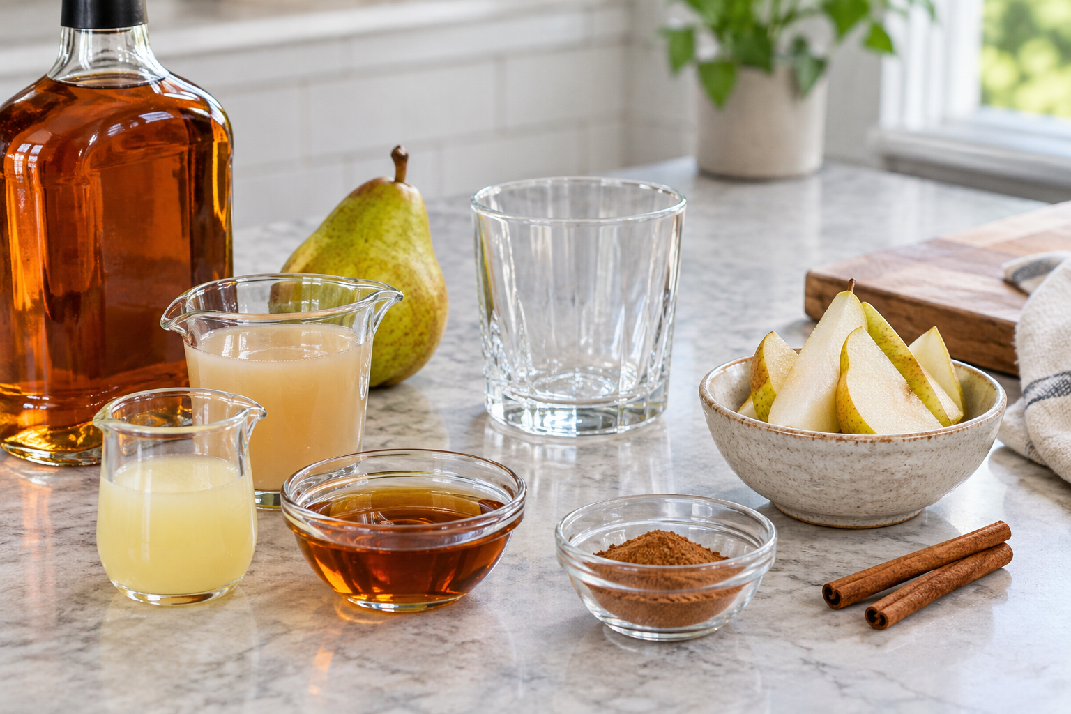 Ingredients for pear bourbon smash beside an empty rocks glass