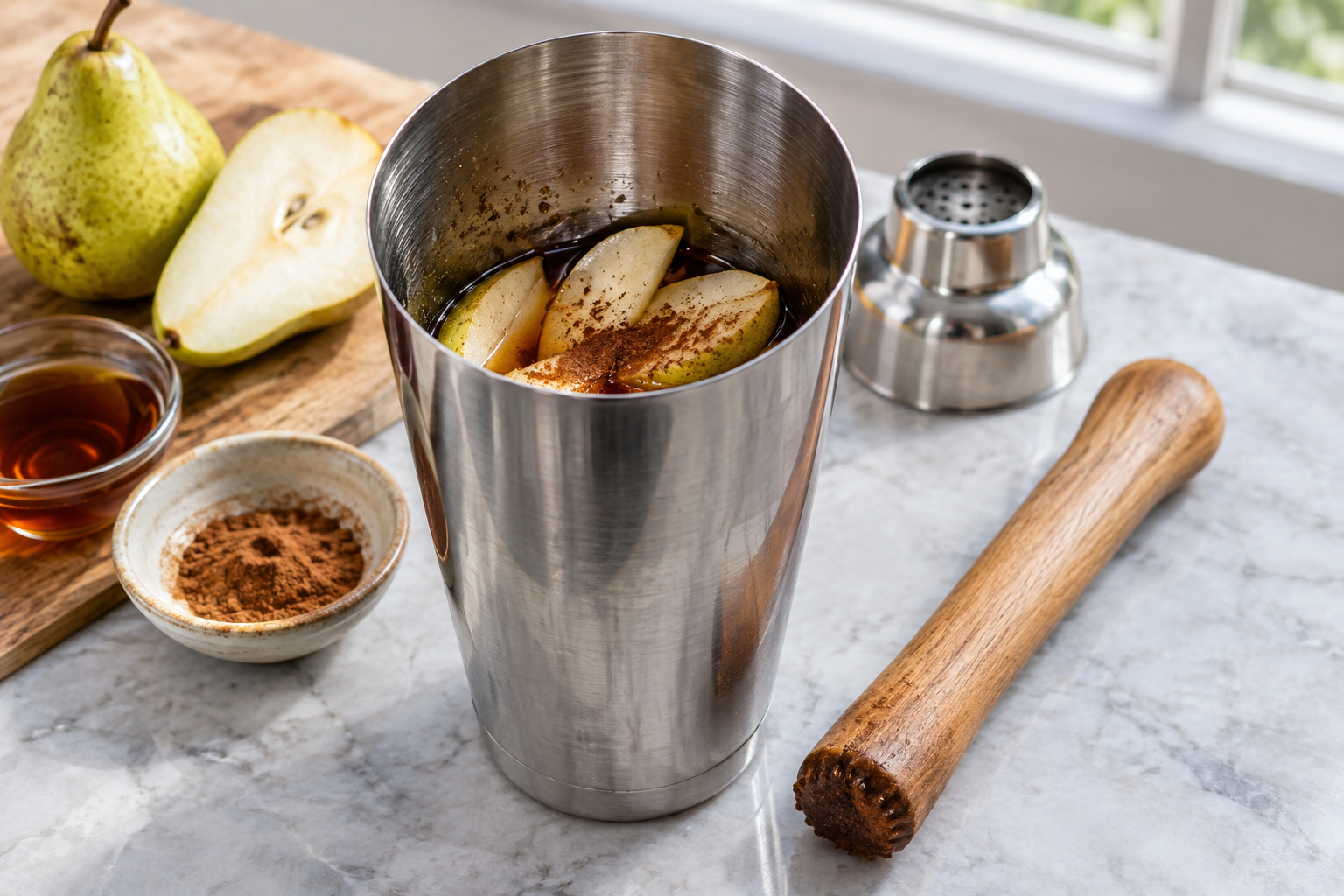 Open cocktail shaker with pear, maple syrup and cinnamon beside a muddler