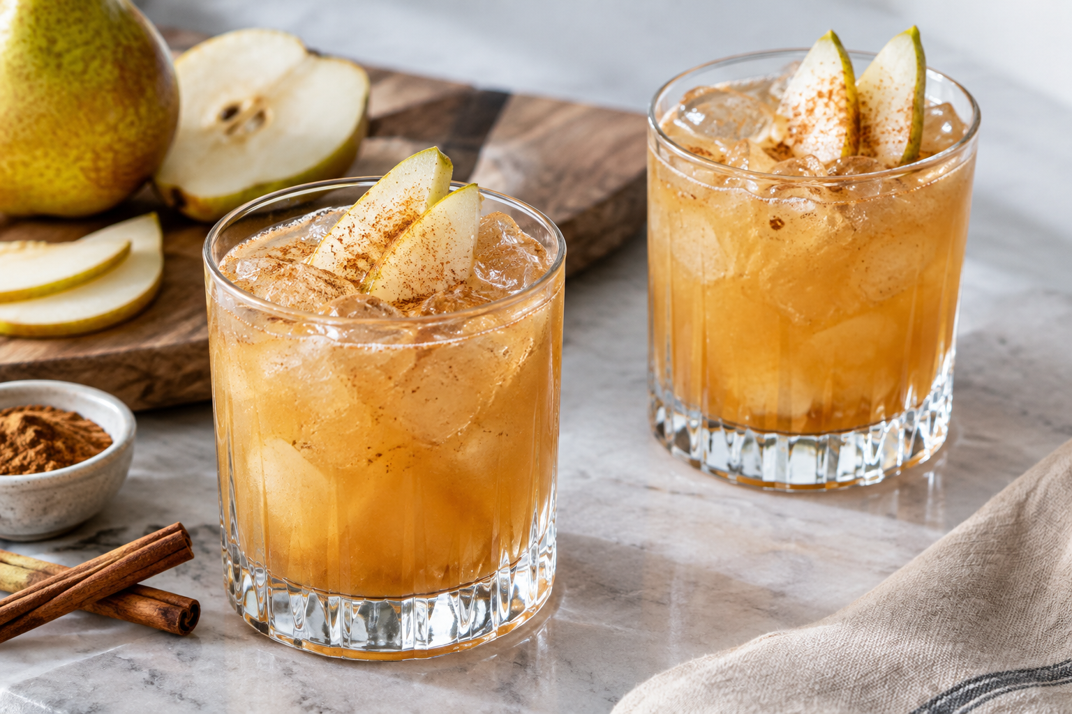 Two pear bourbon smashes in rocks glasses with fresh pear garnish