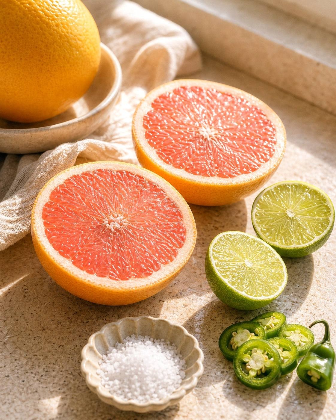 Fresh grapefruit halves and lime for a spicy Paloma mocktail on a bright kitchen counter