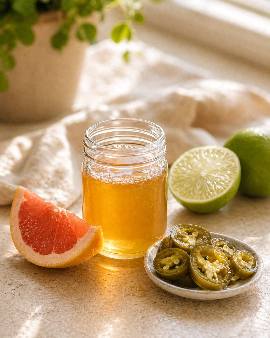 Jalapeno honey syrup for spicy grapefruit Paloma mocktails in a small glass jar