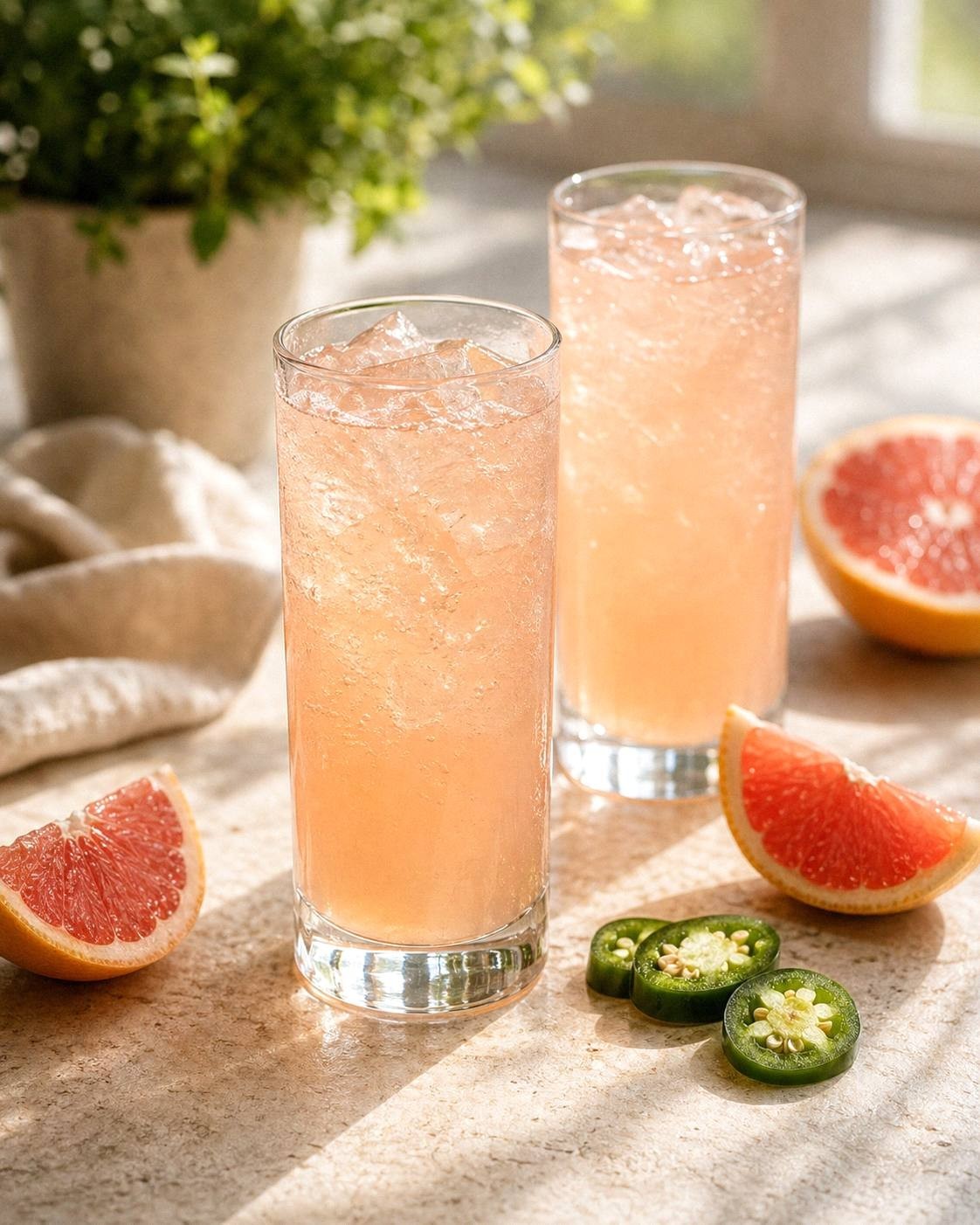 Two spicy grapefruit Paloma mocktails over ice with grapefruit wedges on a pale stone surface