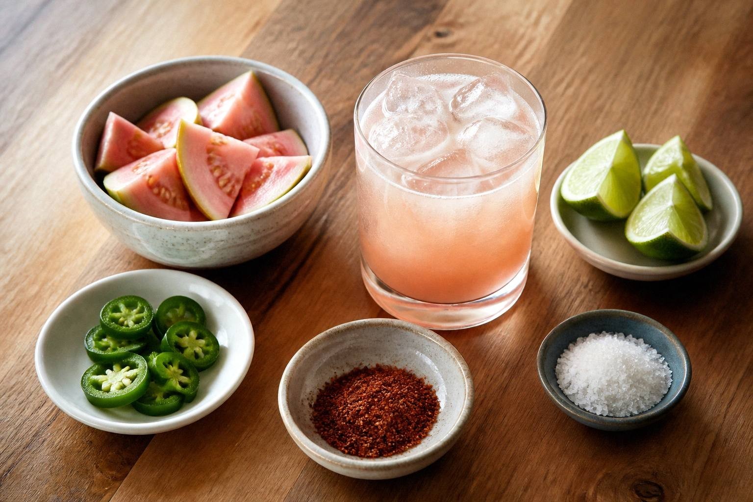 measured ingredients for spicy guava margarita including blanco tequila, orange liqueur, lime juice, guava, sea salt, and ancho chili powder