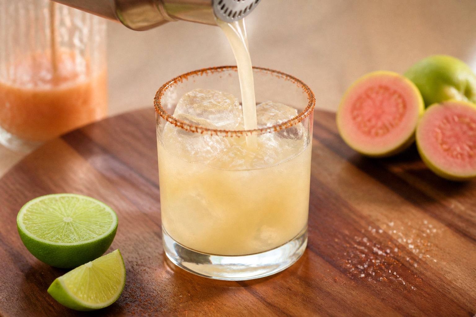 pouring spicy guava margarita into a rocks glass with chili salt rim, liquid in motion