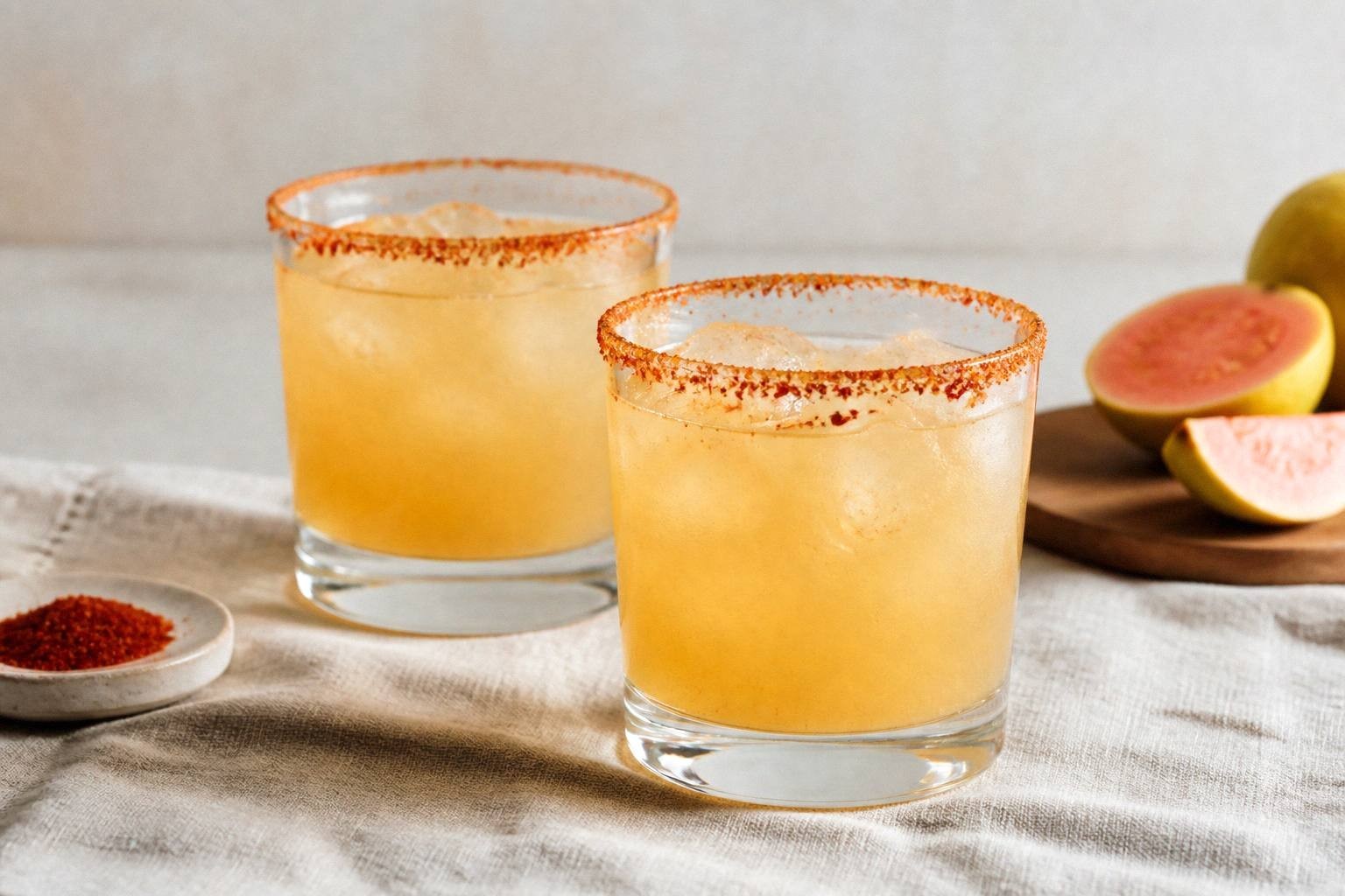 two spicy guava margaritas in rocks glasses with chili salt rims styled on a table