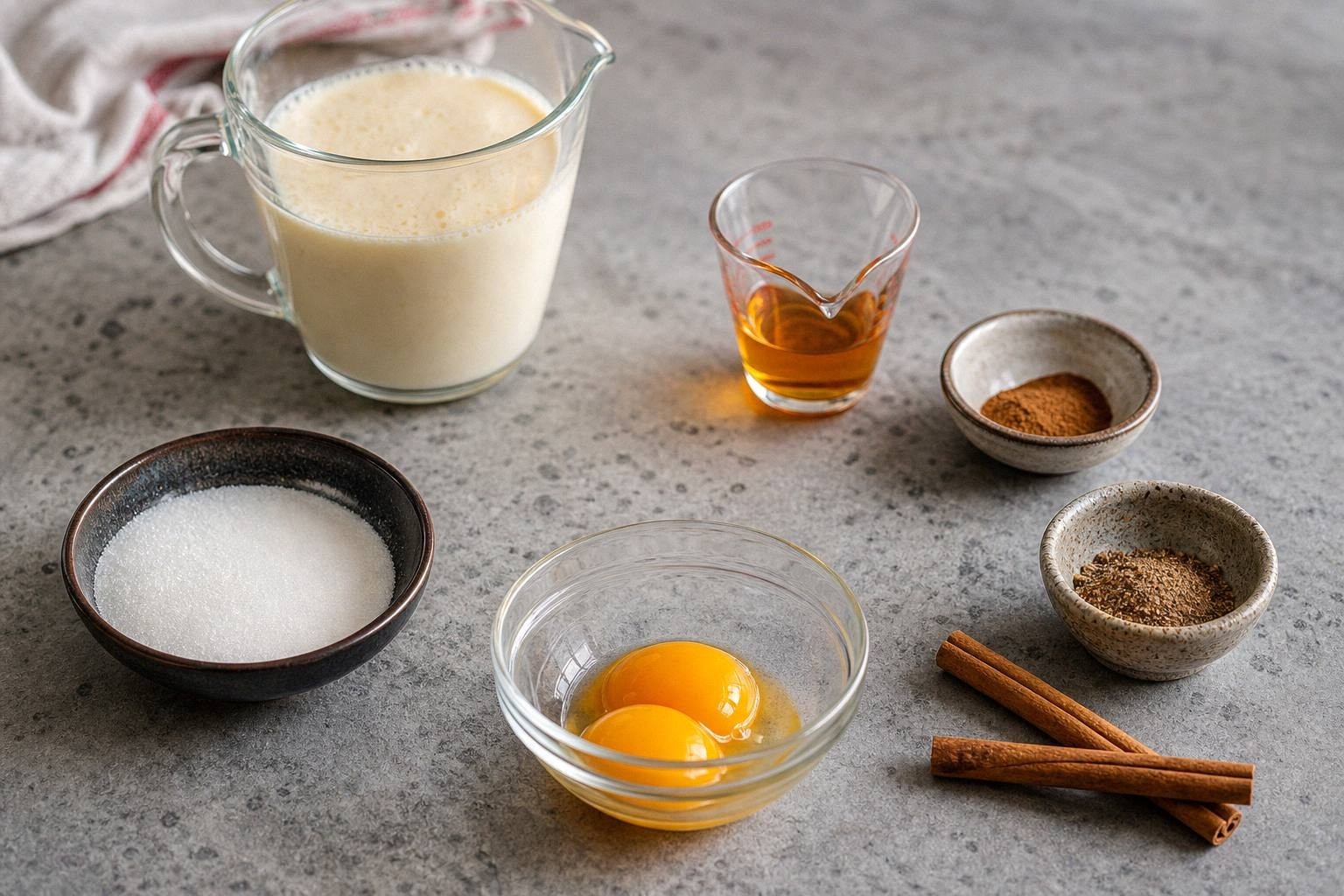measured ingredients for spiked eggnog including eggnog, spiced rum, ground spices and cinnamon stick