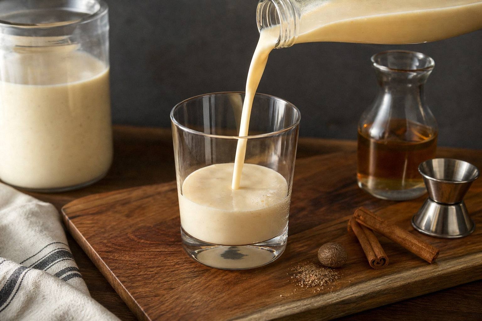 spiced rum being poured into eggnog in a lowball glass