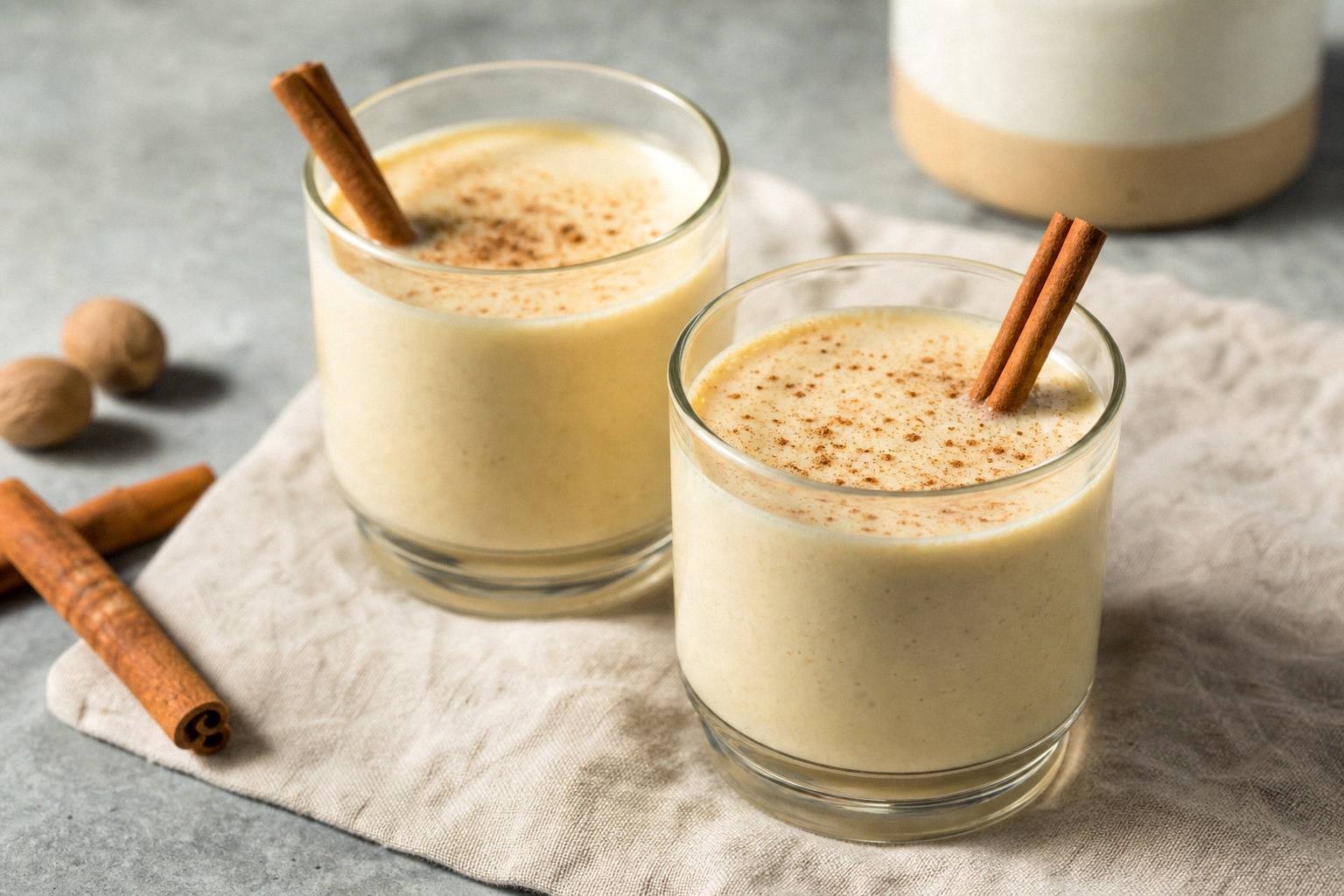 two glasses of finished spiked eggnog garnished with nutmeg and cinnamon sticks on a table