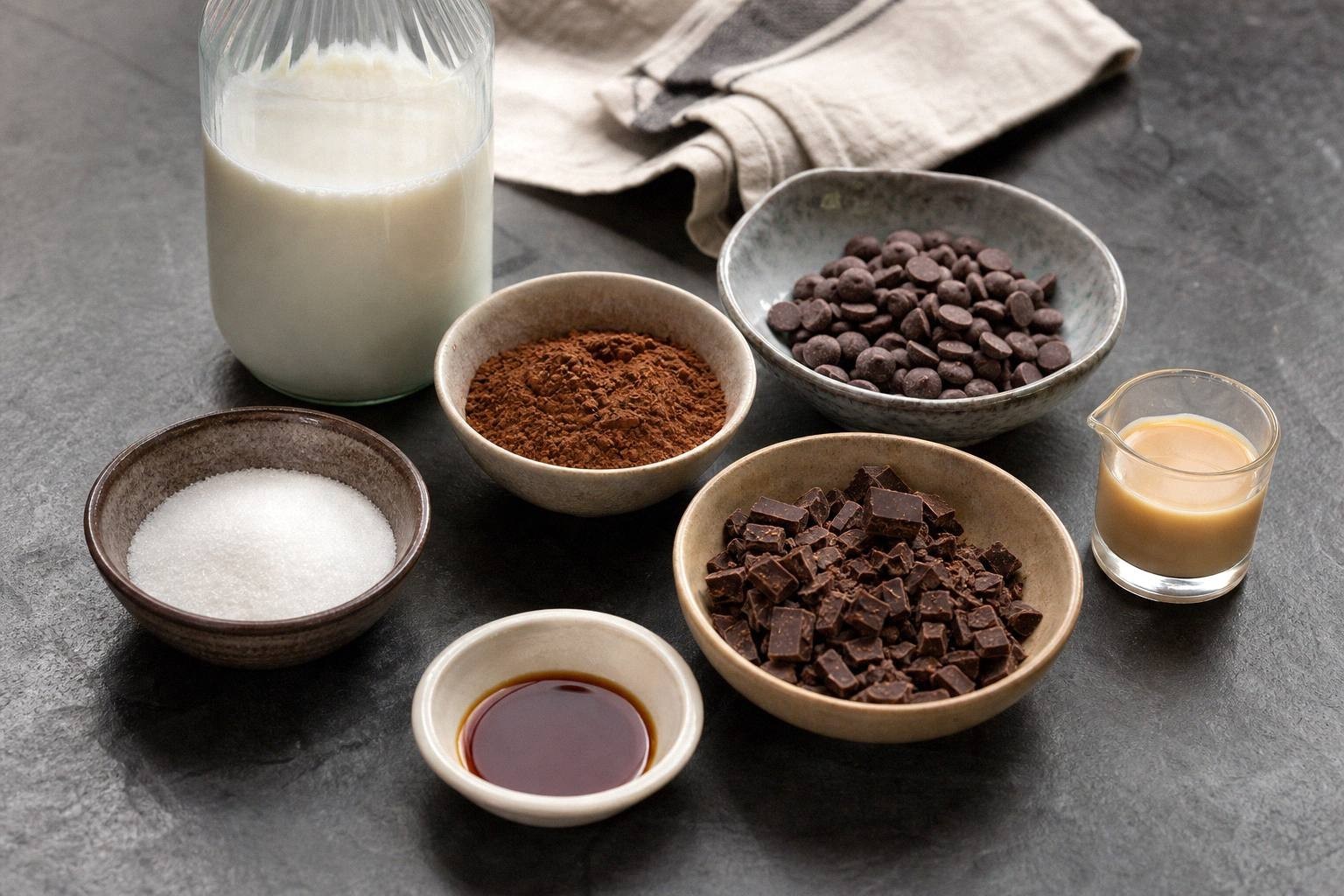 measured ingredients for spiked hot chocolate including milk, cocoa powder, sugar, chocolate chips, vanilla, and Irish cream