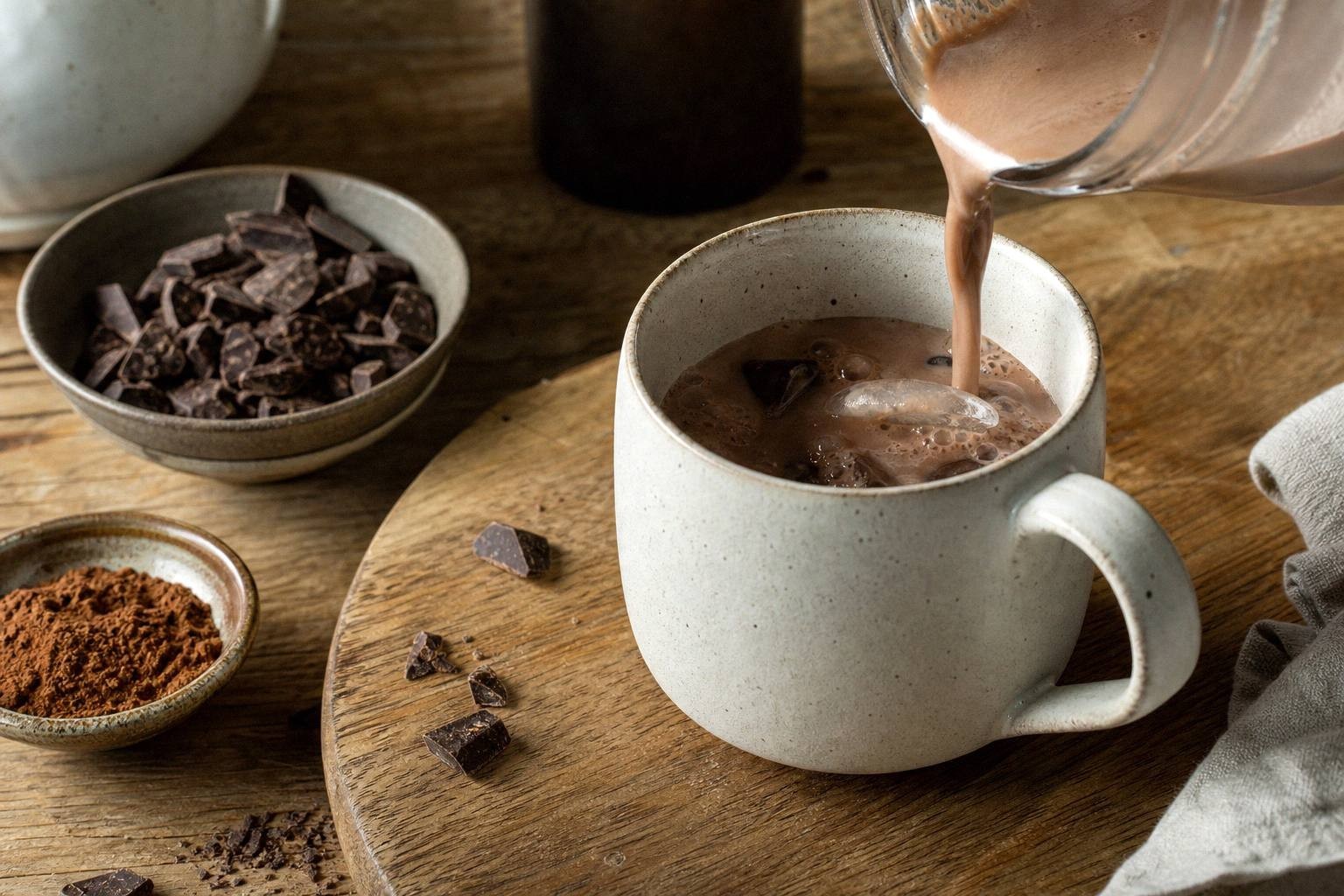 pouring spiked hot chocolate into a mug, liquid in motion showing natural caramel color