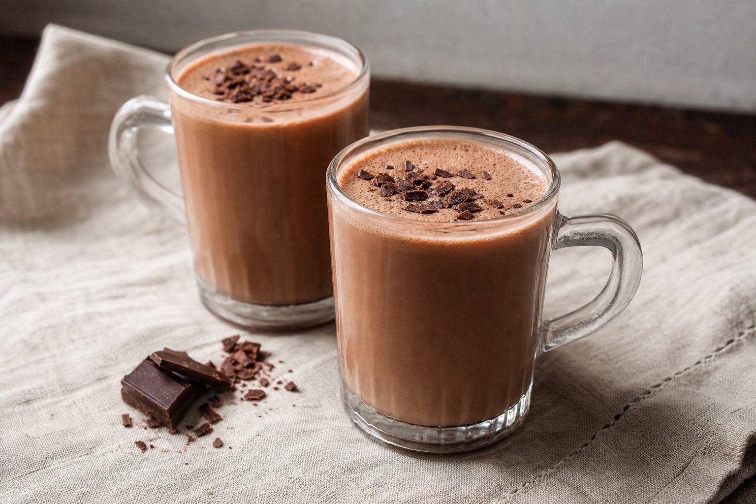 two mugs of finished spiked hot chocolate styled on a table with garnishes
