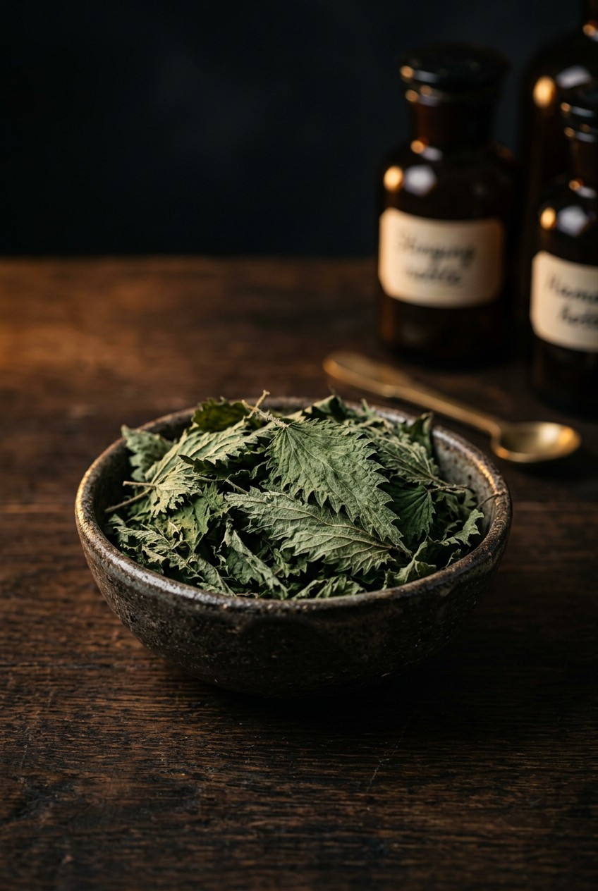 Spring allergy relief tea ingredients including dried nettle leaf, peppermint, elderflower, and fresh ginger root arranged on white marble with measuring spoons