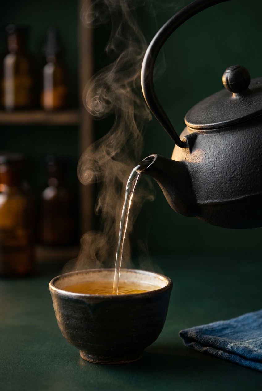 Steeping spring allergy tea in glass teapot showing nettle leaves, peppermint, and elderflower infusing in hot water with visible plant material