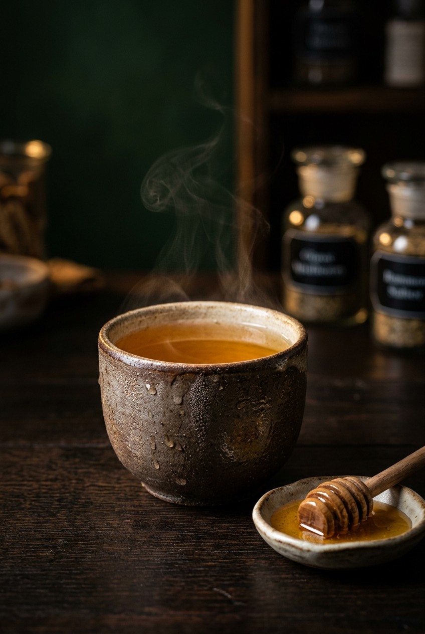 Cup of finished spring allergy relief tea in white ceramic mug with honey drizzle and fresh mint garnish on wooden table with blooming cherry blossoms