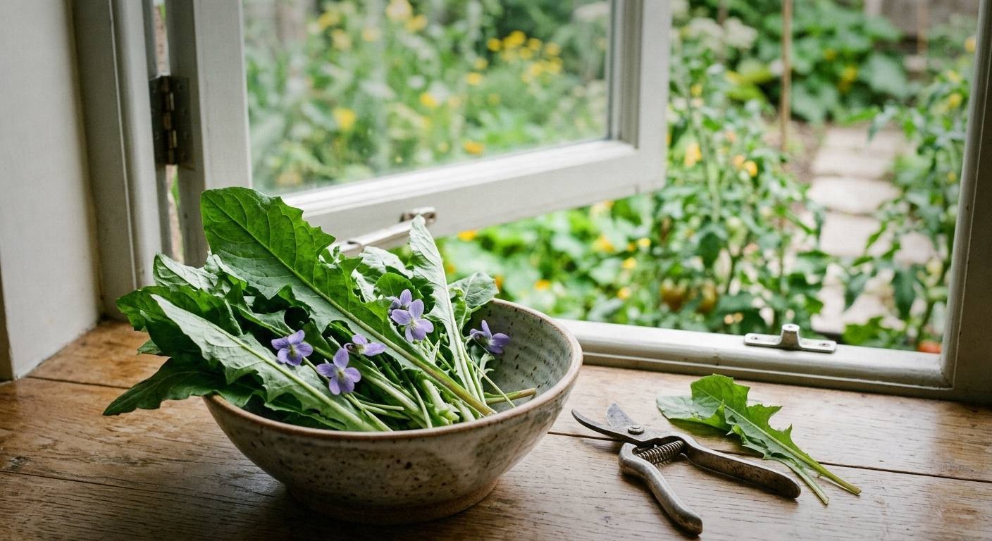 Woven basket filled with fresh foraged spring plants including dandelion flowers, violet blossoms, and nettle tops on a grassy meadow