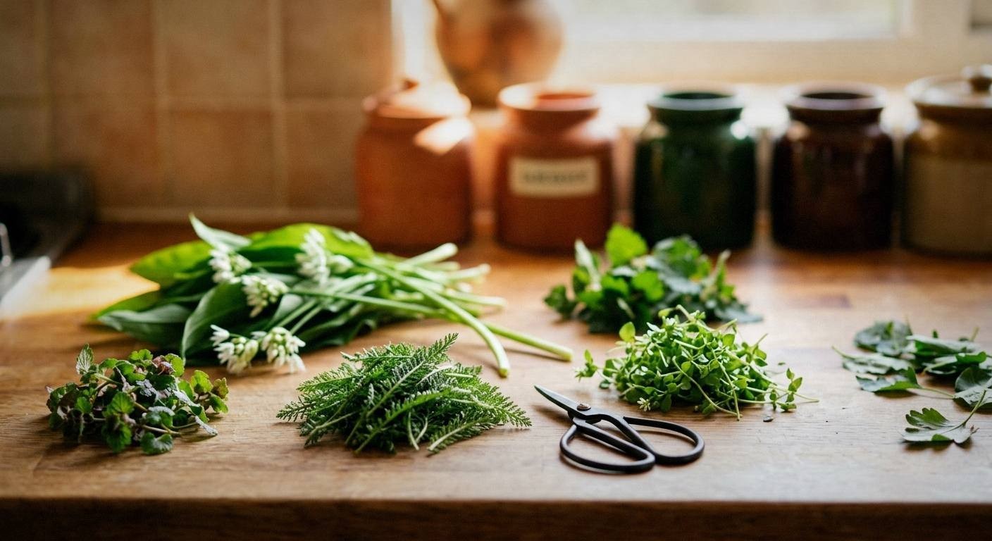 Glass of vivid pink violet lemonade with ice and a small pile of violet flowers beside the glass on a light birch wood surface