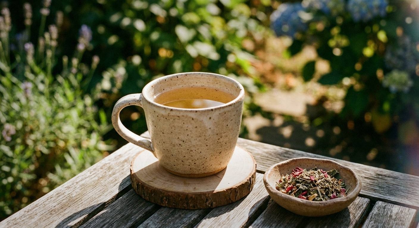 Glass of pale golden pine needle iced tea with fresh pine needle sprigs beside the glass on a rustic stone surface