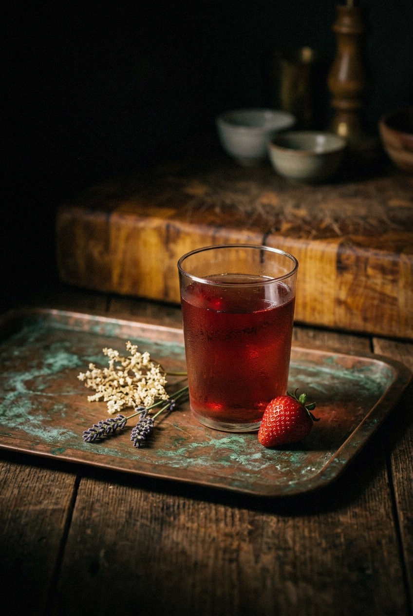 Seven glass swing-top bottles of spring kombucha in varying shades of pink, purple, and golden yellow, arranged on a wooden table with fresh strawberries, lavender sprigs, and elderflower blossoms scattered around, bright morning light streaming through a window