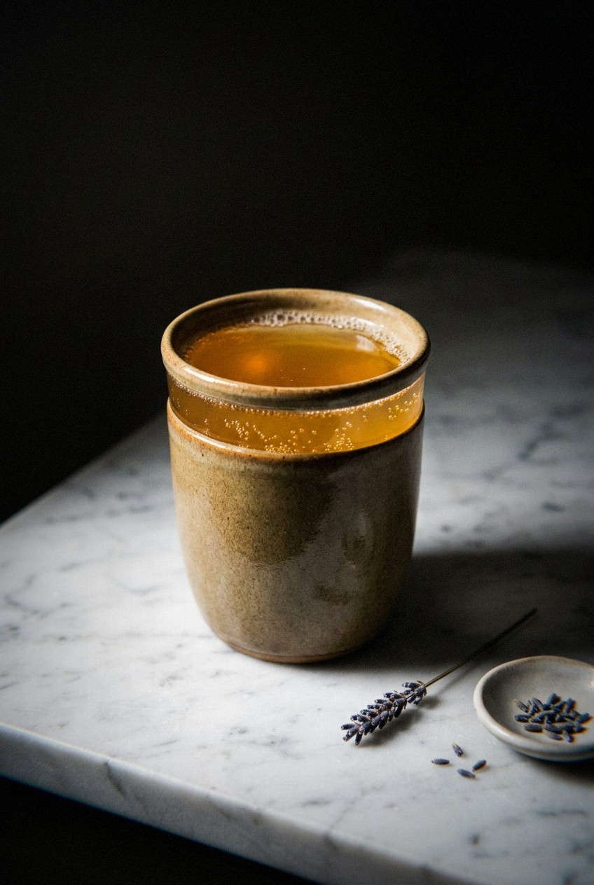 Hands pouring golden kombucha from a glass jar into a swing-top bottle already containing fresh strawberries and rhubarb pieces, with condensation on the bottle and spring sunlight illuminating the scene